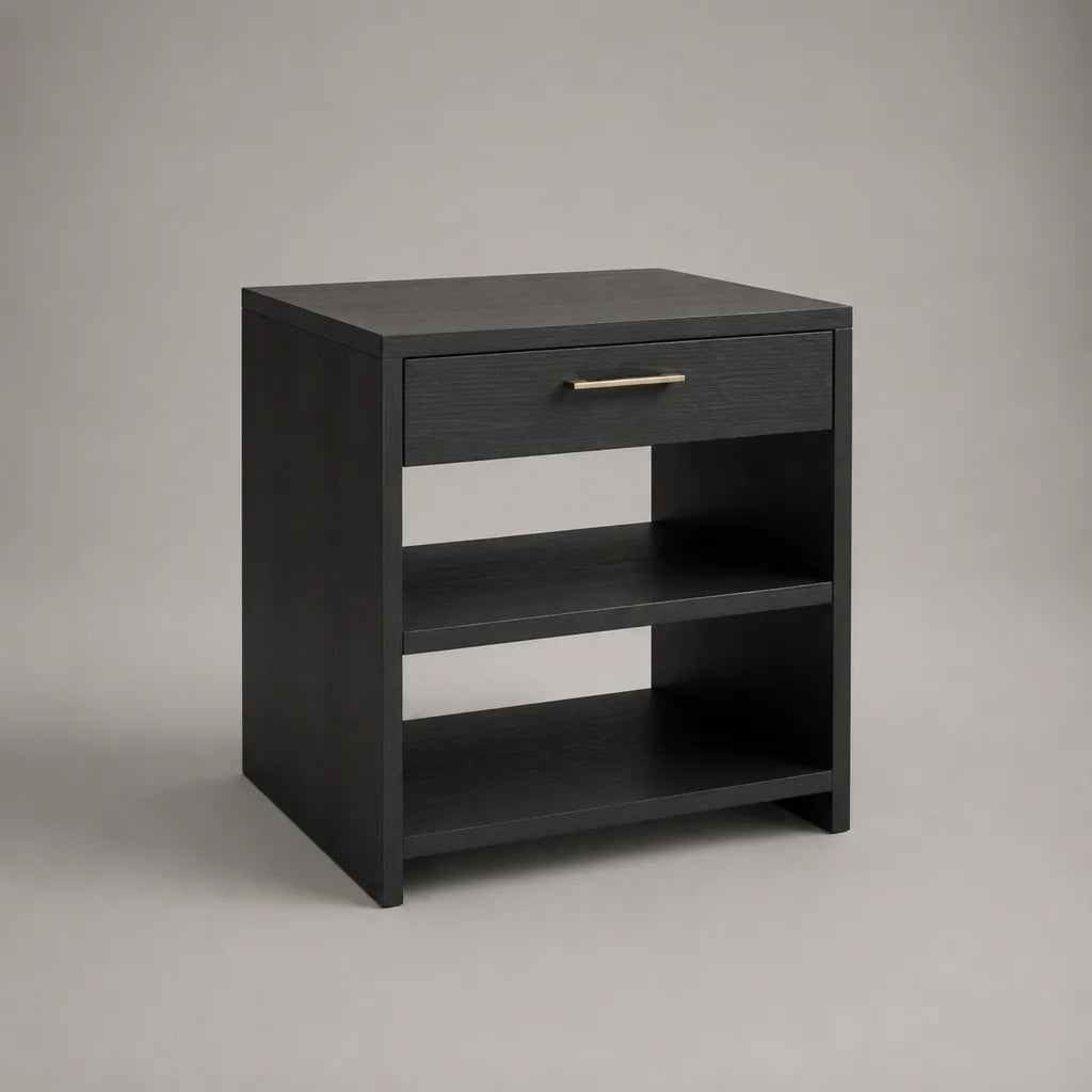 Comodino rettangolare nero in legno con cassetto e 2 ripiani, 55 × 40 × 65 cm