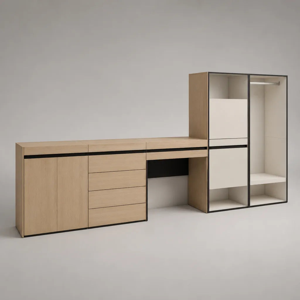 Composizione da ingresso con guardaroba, mobile contenitore e cassettiera in pannello truciolare melaminico, rovere chiaro, beige, bianco e nero, 320 x 42 x 190 cm