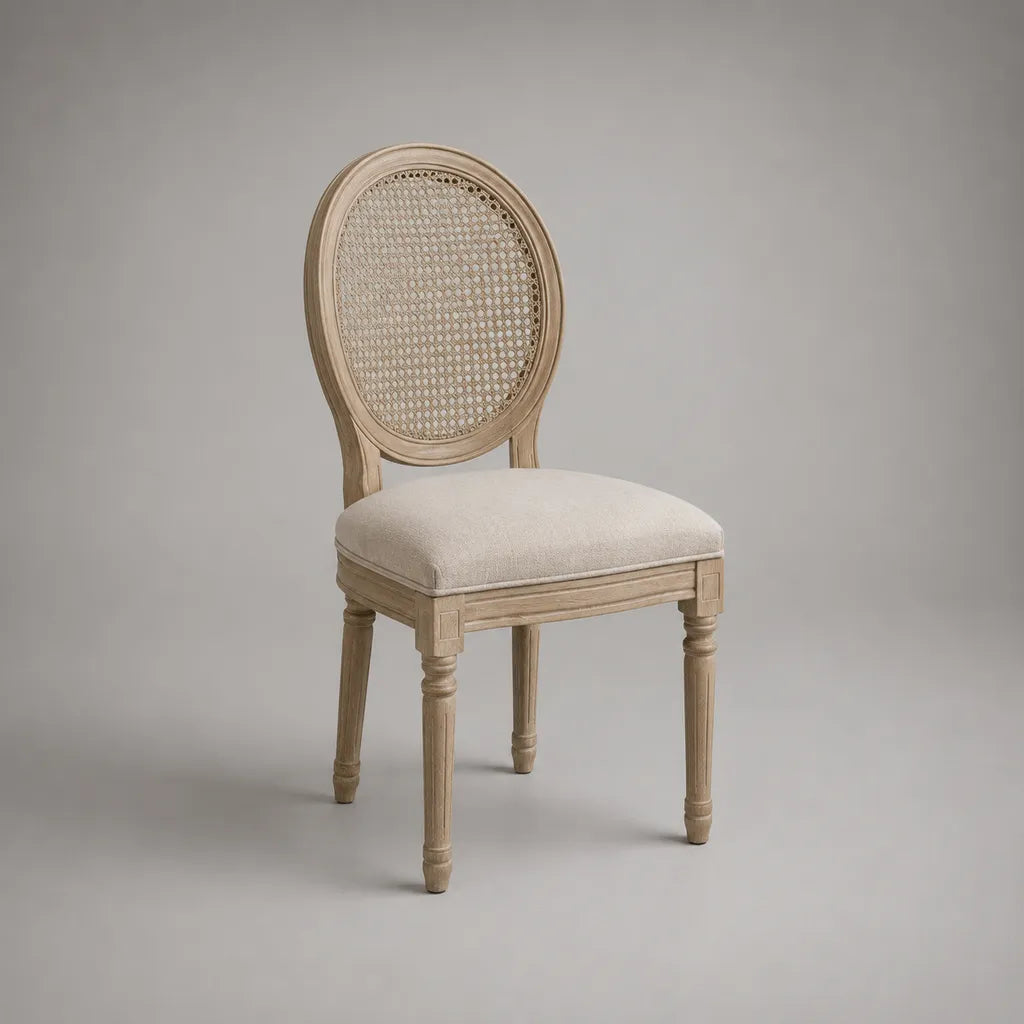 Sedia da pranzo in faggio massello e rattan con seduta imbottita beige, 50 × 55 × 96 cm