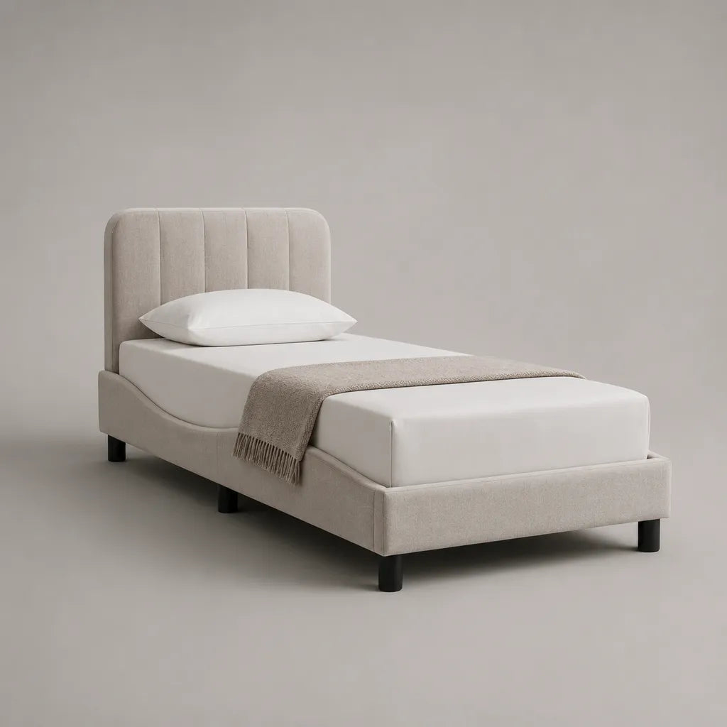 Letto singolo imbottito beige e nero in poliestere con rete a doghe, 101 x 213 x 105 cm, per materasso 90 x 200 cm