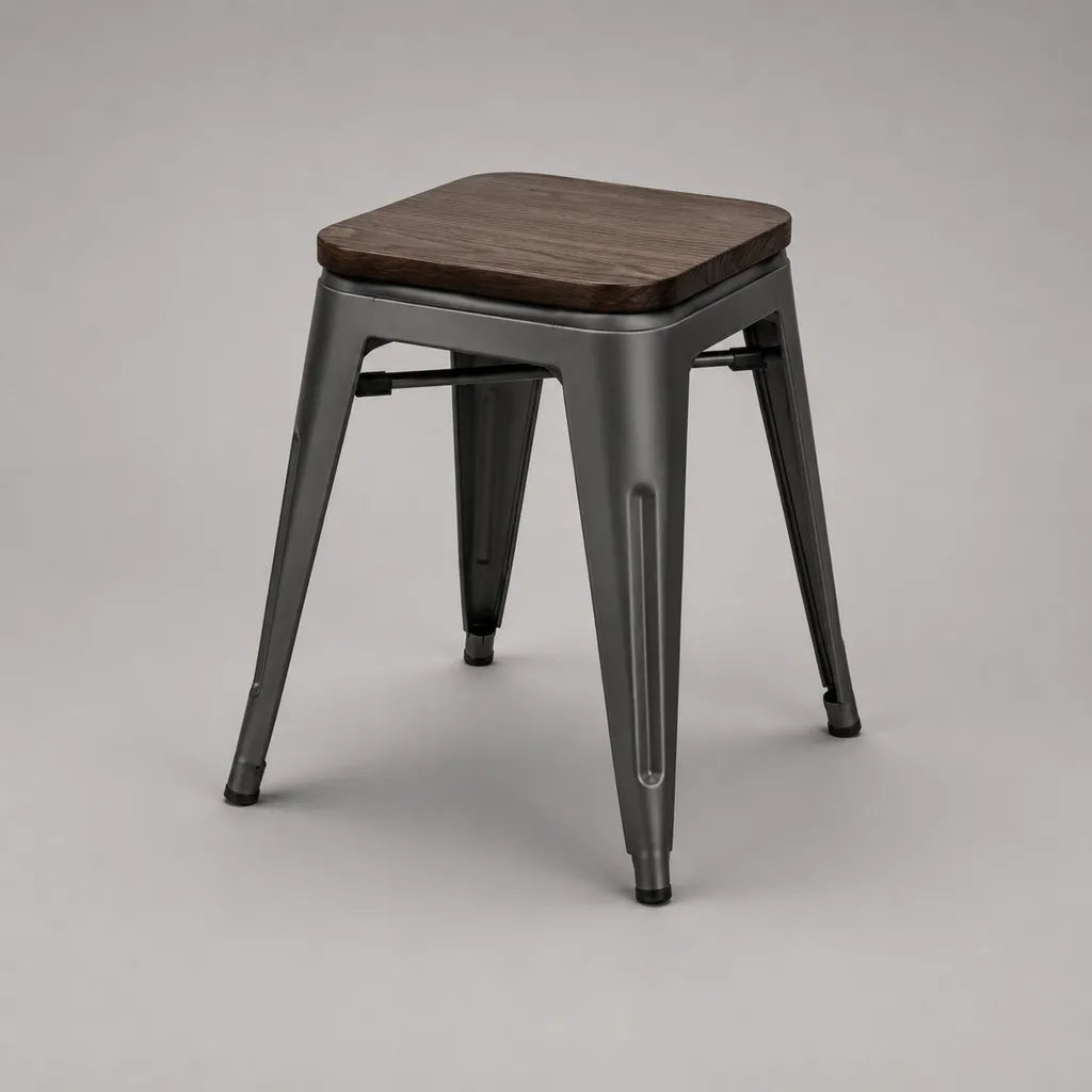 Sgabello basso in acciaio verniciato e legno massello, antracite e marrone scuro, 39 x 39 x 46 cm
