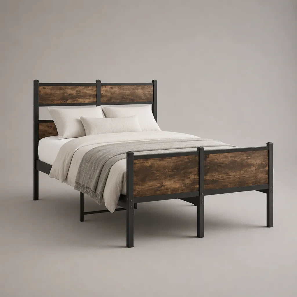 Struttura letto matrimoniale 160 x 200 cm in acciaio e MDF, nero e marrone rovere, con testiera e pediera