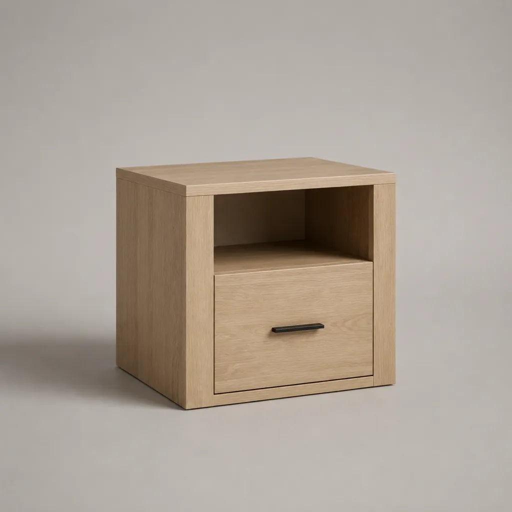 Comodino rettangolare in legno con cassetto e vano aperto, rovere naturale e nero, 45 × 40 × 55 cm