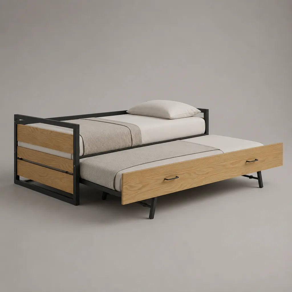 Letto singolo con secondo letto estraibile in metallo e legno, 2 posti letto da 90 x 200 cm, nero e rovere naturale