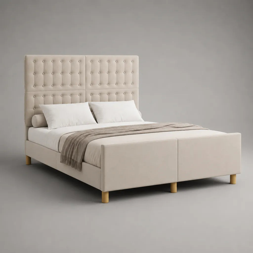 Letto matrimoniale imbottito rettangolare in tessuto beige, 170 x 216 x 145 cm, per materasso 160 x 200 cm, con testiera capitonné e rete a doghe