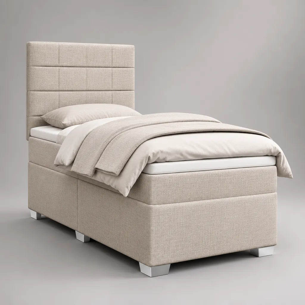 Letto singolo imbottito 90 x 200 cm rivestito in tessuto beige con testiera a pannelli, 102 x 215 x 120 cm