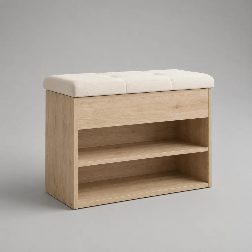 Scarpiera con panca imbottita a 2 ripiani in pannello truciolare e poliestere, rovere naturale e bianco crema, 80 x 30 x 50 cm