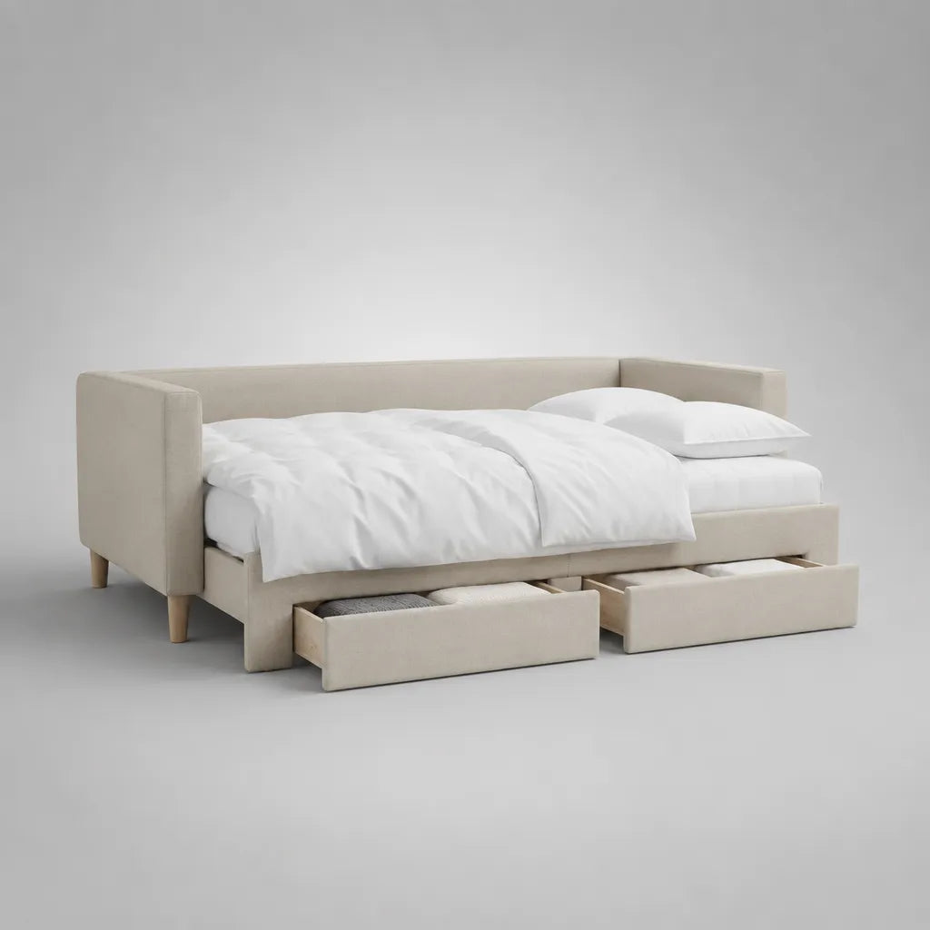 Letto singolo imbottito beige con rete a doghe e 2 cassetti, rivestimento in tessuto, 90 x 200 cm