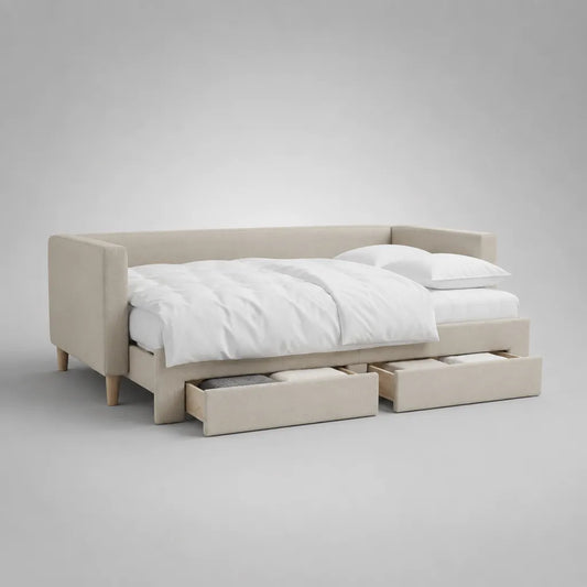 Letto singolo imbottito beige con rete a doghe e 2 cassetti, rivestimento in tessuto, 90 x 200 cm