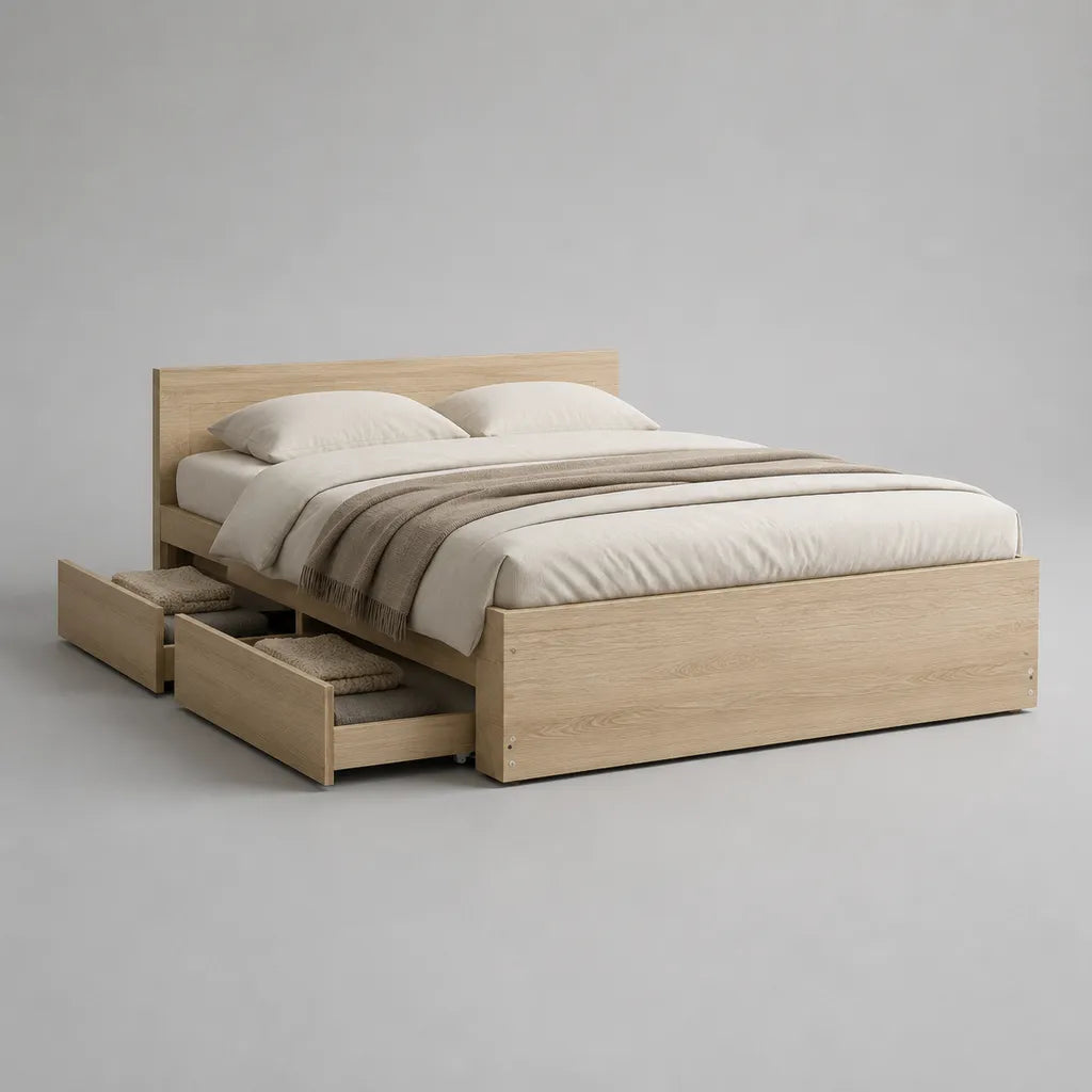 Letto matrimoniale con rete e 4 cassetti, superficie 160 x 200 cm, dimensioni 166 x 205 x 90 cm, in pannelli truciolari melaminici, beige effetto rovere