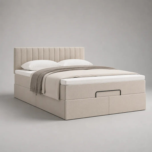Letto matrimoniale contenitore imbottito in poliestere beige con maniglia nera, superficie materasso 160 x 200 cm, dimensioni 170 x 215 x 110 cm