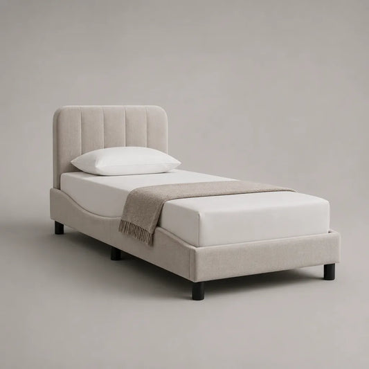 Letto singolo imbottito beige e nero in poliestere con rete a doghe, 101 x 213 x 105 cm, per materasso 90 x 200 cm