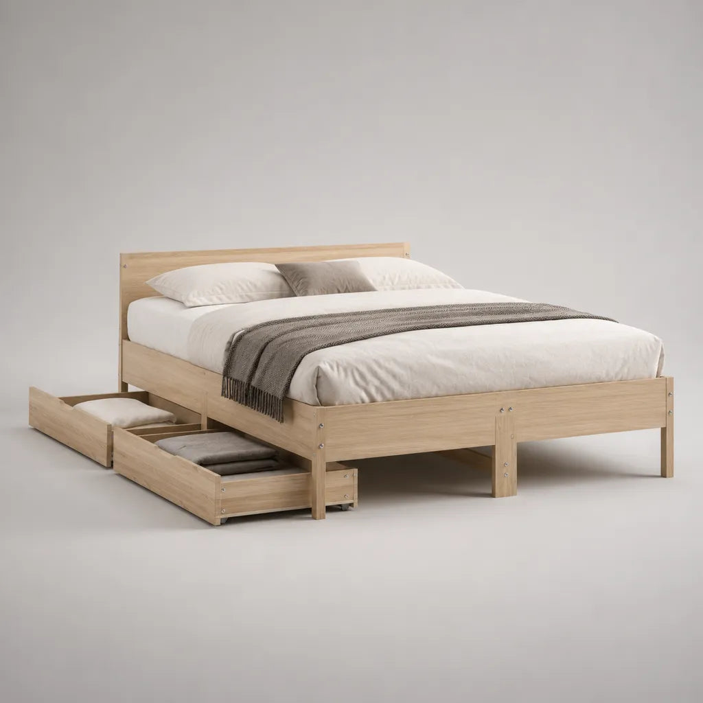 Letto matrimoniale in legno con 2 cassetti, beige chiaro, 168 x 208 x 90 cm, per materasso 160 x 200 cm