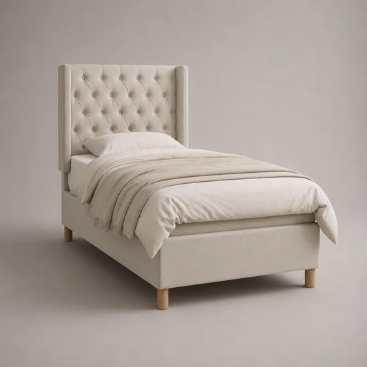 Letto singolo imbottito in tessuto beige con testiera capitonné e rete a doghe, 106 x 214 x 135 cm, per materasso 90 x 200 cm