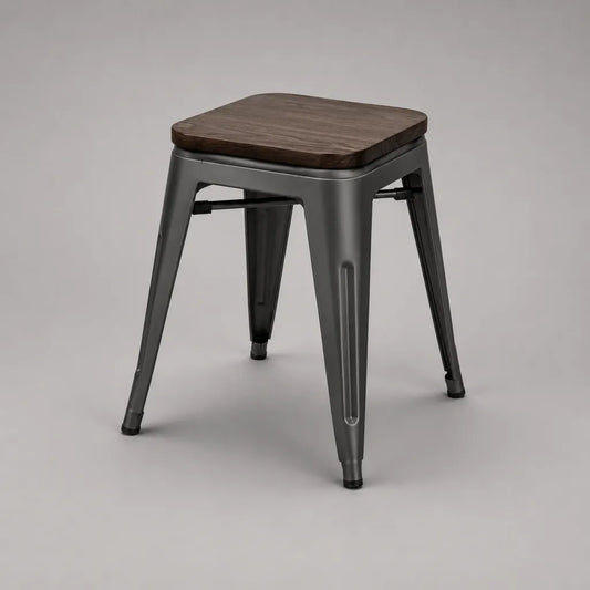 Sgabello basso in acciaio verniciato e legno massello, antracite e marrone scuro, 39 x 39 x 46 cm