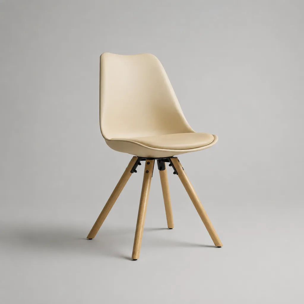 Sedia da pranzo imbottita in pelle sintetica PU beige con gambe in legno massello, 49 x 55 x 83 cm