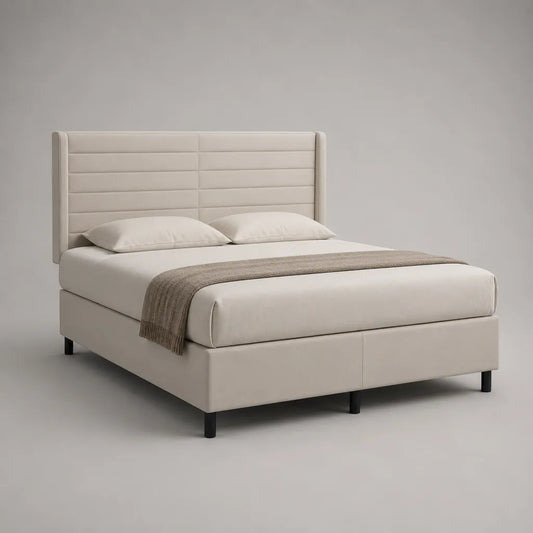 Letto matrimoniale imbottito 160 × 200 cm in pelle sintetica beige con testiera a pannelli e rete a doghe