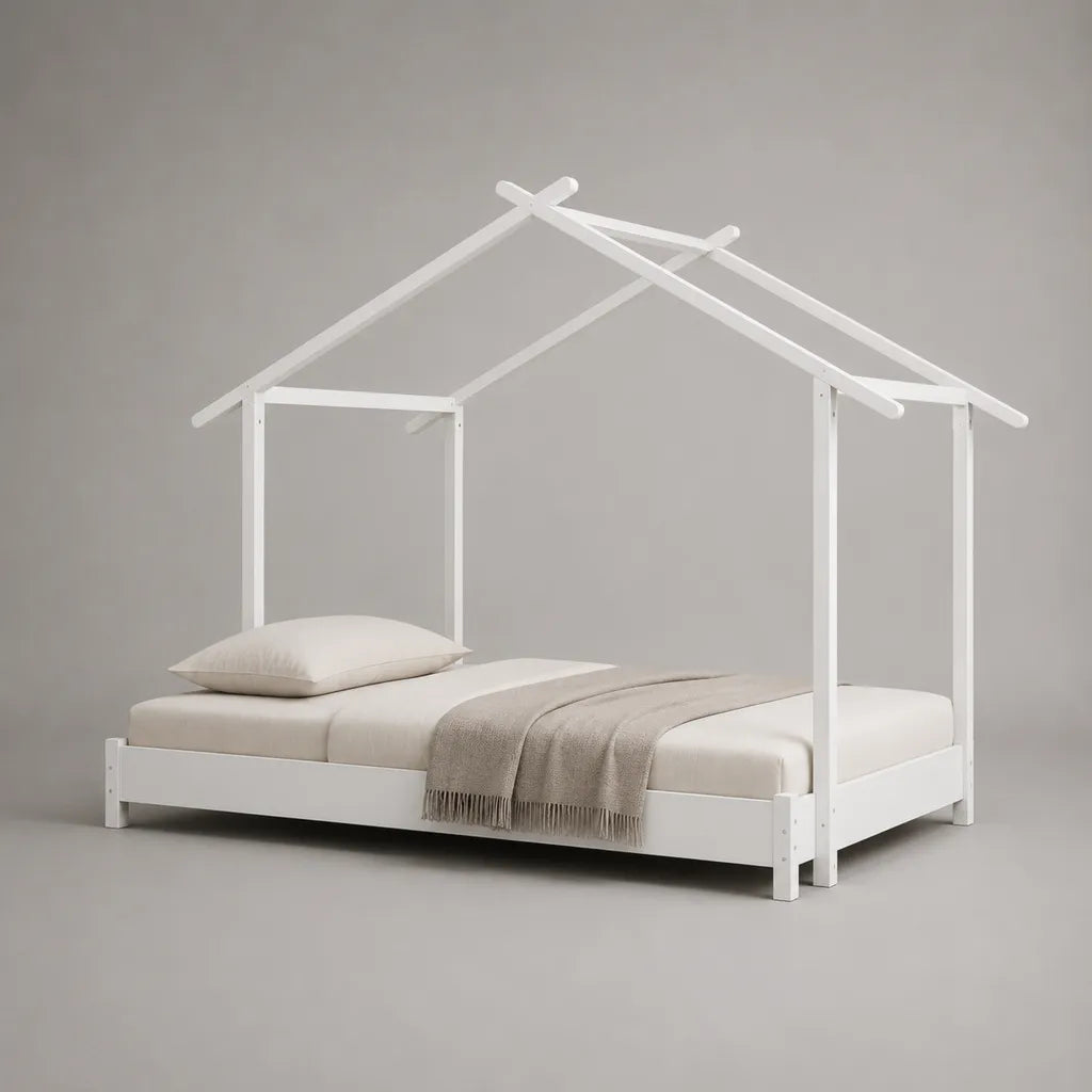 Letto a casetta per bambini in legno bianco con rete a doghe, per materasso 140 x 200 cm, 208 x 148 x 185 cm