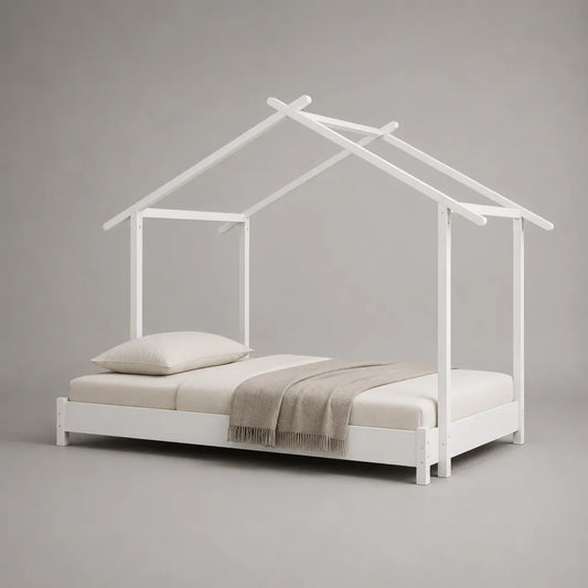 Letto a casetta per bambini in legno bianco con rete a doghe, per materasso 140 x 200 cm, 208 x 148 x 185 cm