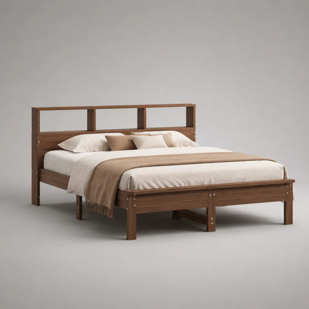 Letto matrimoniale 160 x 200 cm in pino massello marrone noce con testiera a vani e rete a doghe