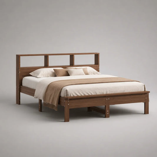 Letto matrimoniale 160 x 200 cm in pino massello marrone noce con testiera a vani e rete a doghe