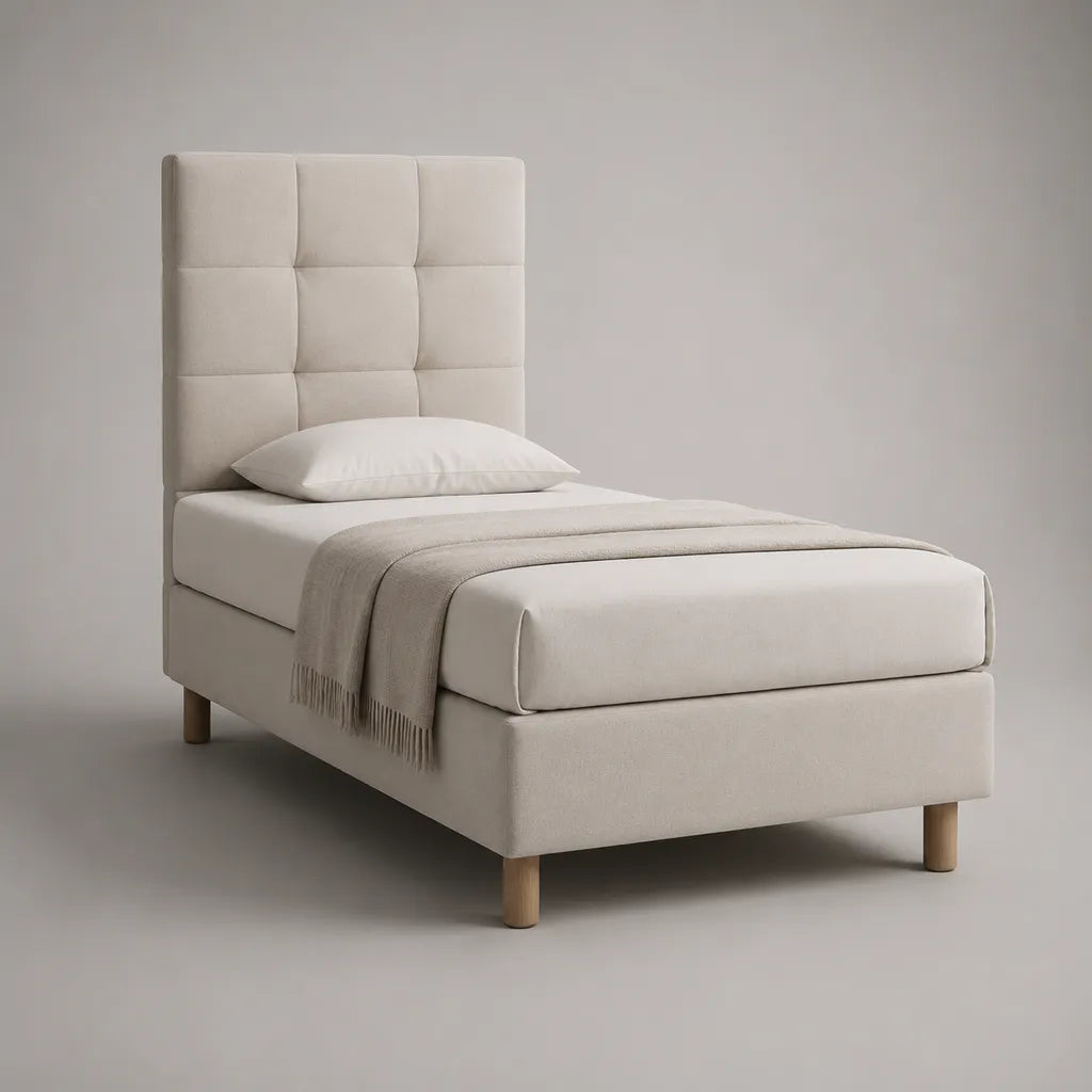 Letto singolo imbottito 90 × 200 cm beige con testiera rettangolare e piedini in legno