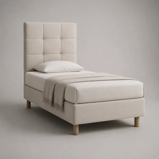 Letto singolo imbottito 90 × 200 cm beige con testiera rettangolare e piedini in legno