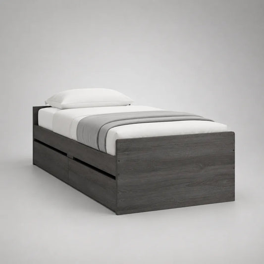 Letto singolo in legno grigio rovere con 2 cassetti, 96 × 205 × 75 cm, per materasso 90 × 200 cm