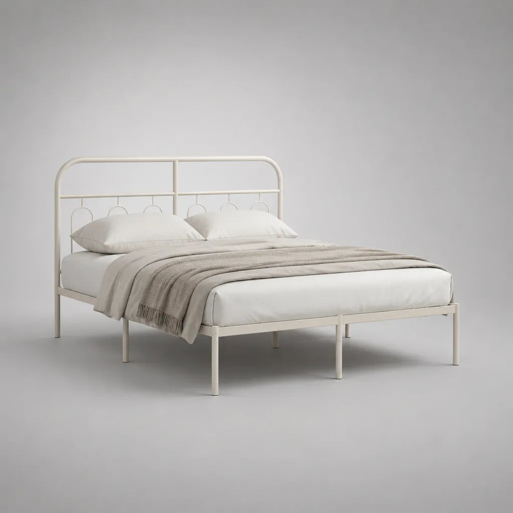 Letto matrimoniale rettangolare 160 × 200 cm in acciaio bianco crema con testiera