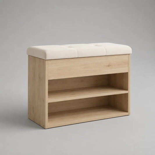 Scarpiera con panca imbottita a 2 ripiani in pannello truciolare e poliestere, rovere naturale e bianco crema, 80 x 30 x 50 cm