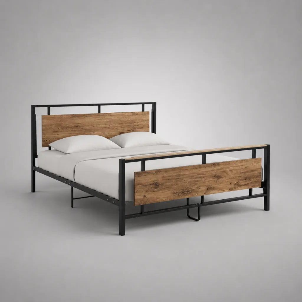 Struttura letto matrimoniale 160 x 200 cm in acciaio nero e legno effetto rovere, 211 x 166 x 110 cm